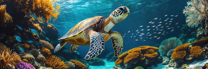 Fototapeta premium A sea turtle swims effortlessly among colorful corals and tropical fish in crystal-clear ocean waters, showcasing the beauty of marine life underwater