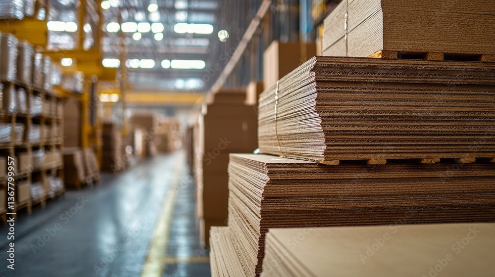 Aufkleber stacks of freshly produced cardboard sheets fill the spacious production area of a modern factory. w