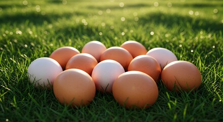 緑の芝生に並ぶ、光輝く白と茶色の卵たち