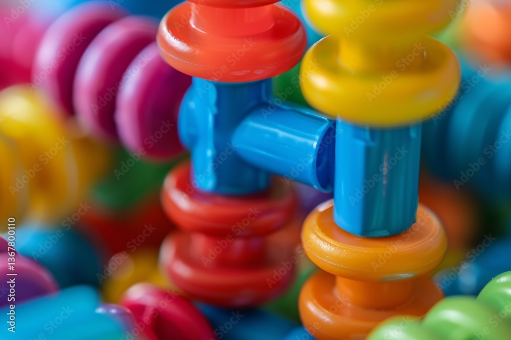 Poster colorful plastic building blocks connecting to make fun shapes for creative play and learning