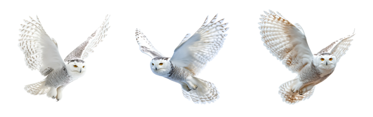 Set of a Snowy Owl with fully extended wings flying in the air isolated on a white or transparent background.