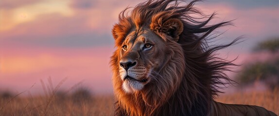Fototapeta premium A lion stands alert in the African savanna, its mane flowing in the gentle breeze as the sun sets, casting a warm glow over the landscape and enhancing the lion's regal presence