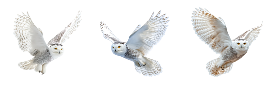 Set of a Snowy Owl with fully extended wings flying in the air isolated on a white or transparent background. - Powered by Adobe
