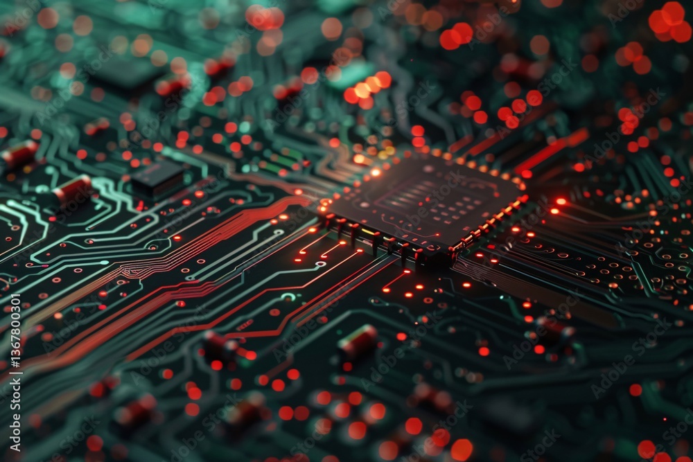 Fototapete Close-up view of a modern cpu processor with glowing red lights, symbolizing intense data processing and computational power