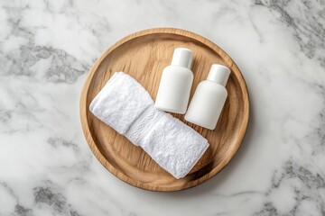 Clean Towel and Bottles on Wooden Tray Spa Wellness Still Life