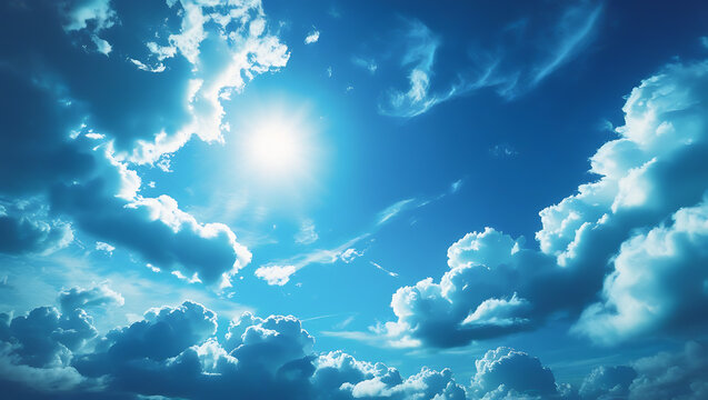 Bottom up view of blue sky with shining sun White fluffy clouds on a blue sky in spring season : Generative AI