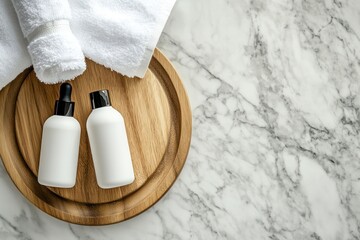 White Cosmetic Bottles and Towel on Wooden Tray with Marble Background