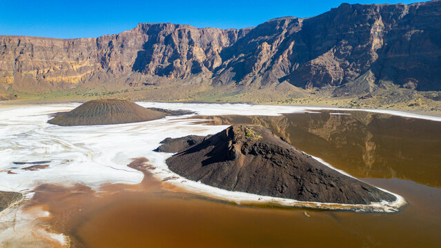 Aerial of the Trou du Natron volcanic crater and its natron lakes, Tibesti Mountains