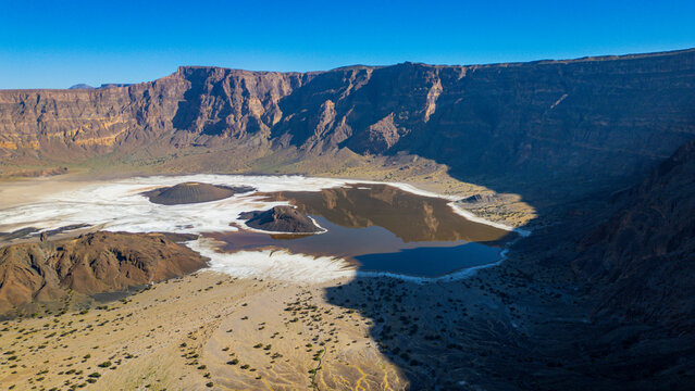 Aerial of the Trou du Natron volcanic crater and its natron lakes, Tibesti Mountains