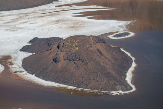 Aerial of the Trou du Natron volcanic crater and its natron lakes, Tibesti Mountains
