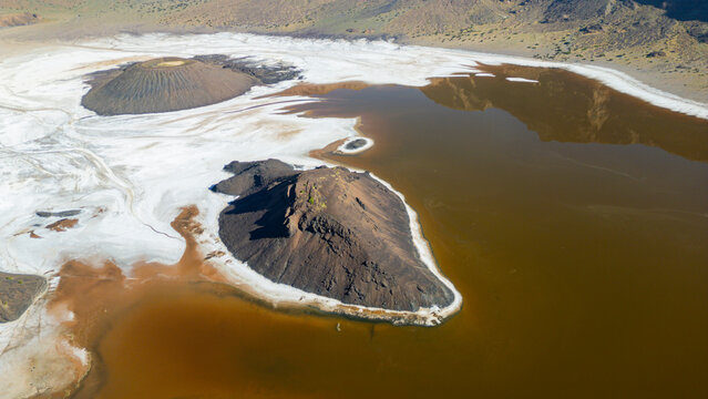 Aerial of the Trou du Natron volcanic crater and its natron lakes, Tibesti Mountains