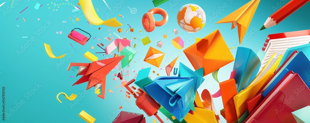 Poster 3d rendering of an explosion of colorful school supplies flying in the air