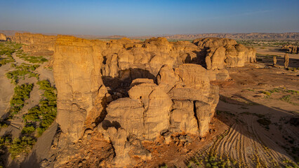 Aerial of beautiful rock formations around Zouar, Tibesti Mountains