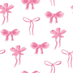 Girly seamless pattern with pink bow and ribbon in vintage style