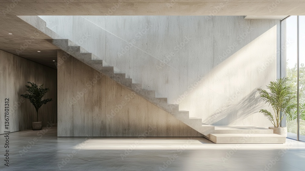 Aufkleber calming and spacious, the room features a sleek staircase and elegant plants, inviting tranquility. 