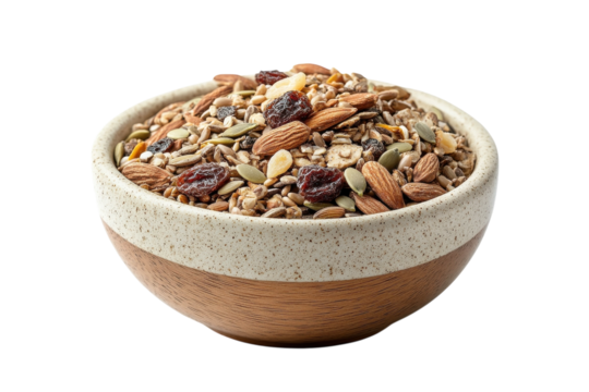 A Wholesome Bowl Overflowing With A Delightful Mix Of Crunchy Almonds, Plump Raisins, And Nutritious Seeds, Promising A Burst Of Flavor And Energy For A Perfect Start To The Day In A Rustic Wooden Bow