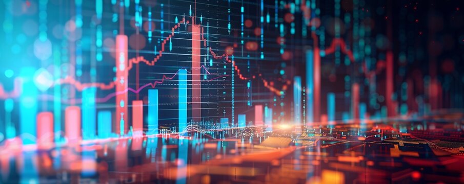 Financial data chart showing growing up trend on blue background
