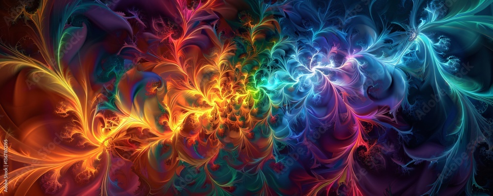 Poster Vibrant abstract fractal art with intricate floral shapes and dynamic depth and motion