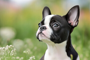 Adorable boston terrier puppy looking up in a green meadow