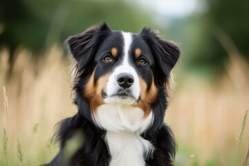 Australian shepherd dog posing in nature with blurred background