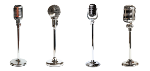Collection of retro-style microphones with chrome finish isolated on a white or transparent background.