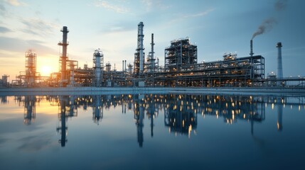 Naklejka premium Sunrise casts a warm glow over the towering structures and pipes of a sprawling petrochemical refinery its reflected image rippling across the calm waters surrounding the industrial complex