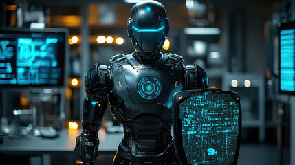Fototapeta premium Humanoid robot with cyber weapons in a dark high-tech lab, featuring a digital shield and data fragments