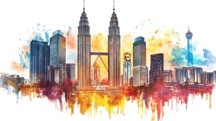 Crédence de cuisine en verre imprimé Kuala Lumpur Skyline Watercolor Painting - Vibrant watercolor painting of Kuala Lumpur's iconic skyline, showcasing its modern architecture, cultural diversity