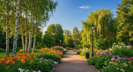 A serene urban park features vibrant trees and colorful flowers lining a pathway under a clear blue sky, inviting visitors to enjoy nature in the city