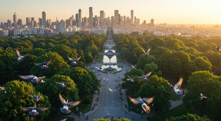 A group of pigeons flying over a city park in the morning light, showcasing a vibrant urban landscape filled with lush greenery and a skyline in the background