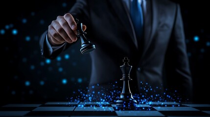Businessman strategically moving a chess piece, highlighting critical decision-making.  A dark background, illuminated by soft blue light effects, accentuates the moment of a strategic move. 