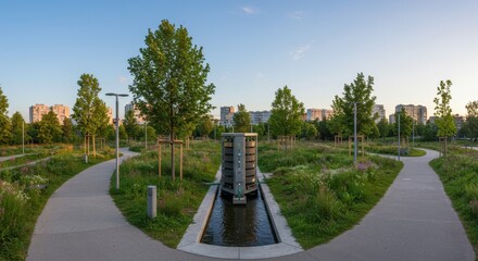 An eco-park in the city features a sustainable water filtration system surrounded by lush greenery and walking paths, promoting environmental awareness and urban relaxation