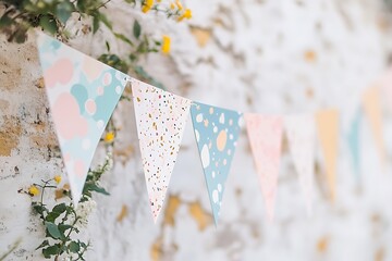 Pastel Bunting Decorates a Rustic White Wall. A charming string of triangular flags with abstract patterns adds festive flair to an outdoor setting.