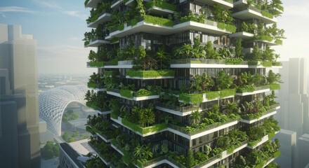 A futuristic skyscraper enveloped in vibrant green plants showcases the blend of nature and architecture in an urban landscape
