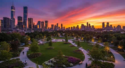 A scenic sunset casts vibrant colors over a beautifully landscaped urban park, showcasing the harmony between nature and city life