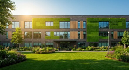 An eco-friendly office building features integrated green spaces, showcasing sustainable design and modern architecture surrounded by lush landscaping
