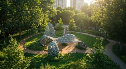 An outdoor art installation stands prominently in an eco-park, surrounded by lush greenery and tall buildings, showcasing modern design and harmony with nature