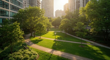 A lush park with winding walking trails is framed by tall urban buildings, creating a serene green oasis amidst the cityscape
