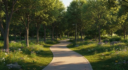 A serene eco-friendly park featuring a winding walking trail, lush green trees, and colorful wildflowers, inviting visitors to enjoy nature's beauty