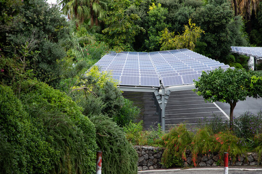 Solar panels in middle of lush green nature, green energy