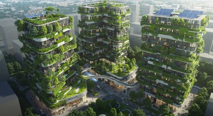 A sustainable city design featuring eco-friendly vertical greenery on urban buildings, showcasing integration of nature and architecture