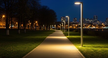 Brightly shining sustainable park lighting illuminates a walkway at night, creating a serene atmosphere in an urban park setting