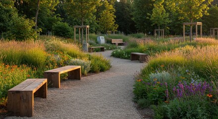 A sustainable public garden features benches along a serene path surrounded by lush native plants, inviting relaxation in a natural environment