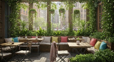 A cozy outdoor cafÃ© features lush plants and hanging vines, creating a serene urban oasis with comfortable seating for patrons