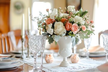 Elegant Peach and White Rose Floral Arrangement on a Table Setting. A beautiful centerpiece for a wedding, bridal shower, or special event.
