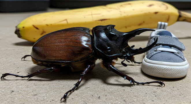 Magnificent Goliath Beetle Next To a Banana and a Baby Shoe for Size Comparison