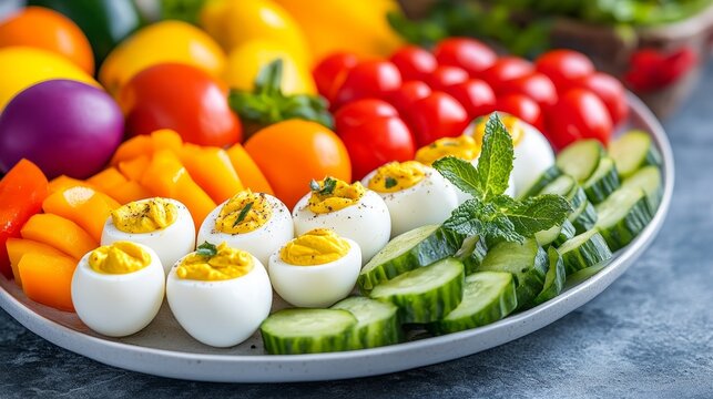 Vibrant Easter Egg and Veggie Platter - Colorful Easter appetizer featuring deviled eggs, sliced cucumbers, cherry tomatoes, and assorted peppers. Represents spring, new beginnings, celebration