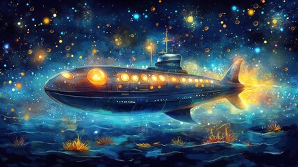Fototapeta premium A cutting-edge bathyscaphe with pulsating lights, slowly descending into the ocean's darkest depths, with bioluminescent plants and bizarre creatures drifting through the water.