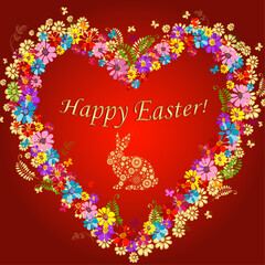 Vector red card Happy Easter with a big heart and rabbit with floral pattern. For the design of posters, banners, sales, cards, invitations, parties.