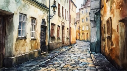 Watercolor Cobblestone Lane Rainy Day - Charming watercolor painting of a quiet cobblestone street on a rainy day. Symbolizing peace, nostalgia, solitude, history, and urban exploration